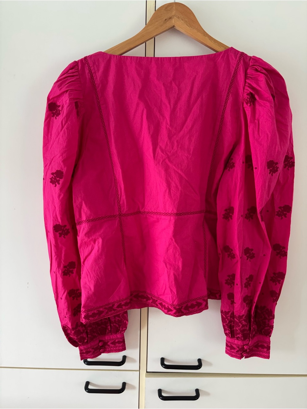 Wilfred La Bohème Fuchsia Embroidered Peasant Blouse Cottagecore Puff Sleeves - Picture 7 of 12